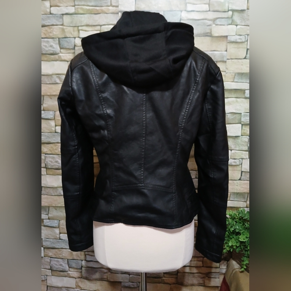 Made By Johnny Faux Leather Moto Jacket Removable Hood Insert - Picture 5 of 7